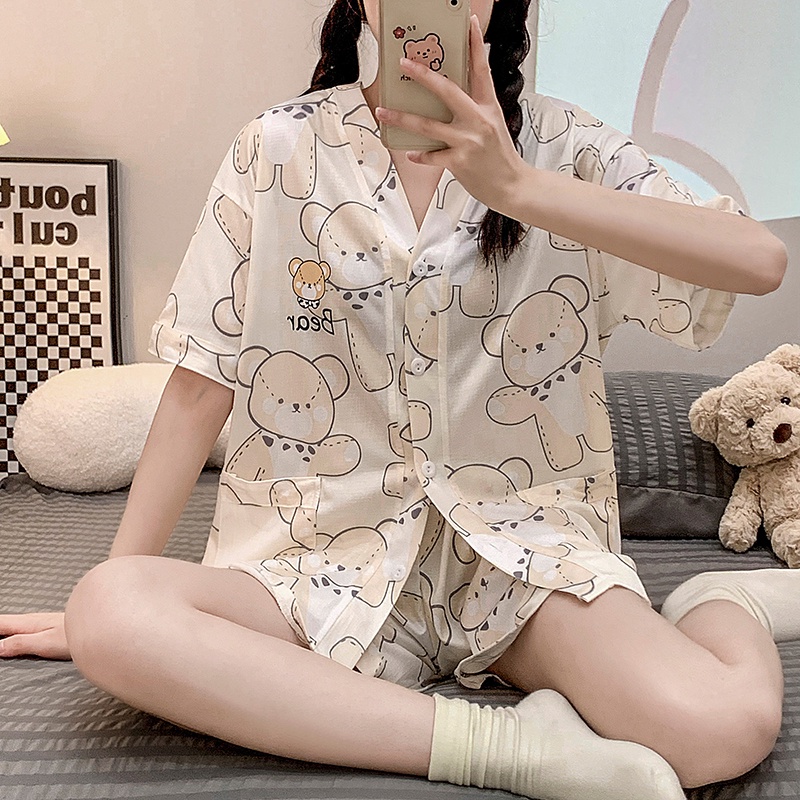 Bộ Đồ Ngủ Áo Tay Ngắn Phồng Cổ Chữ V Phối Quần Short Vải Cotton Thời Trang Mùa Hè Mới Cho Bạn Gái