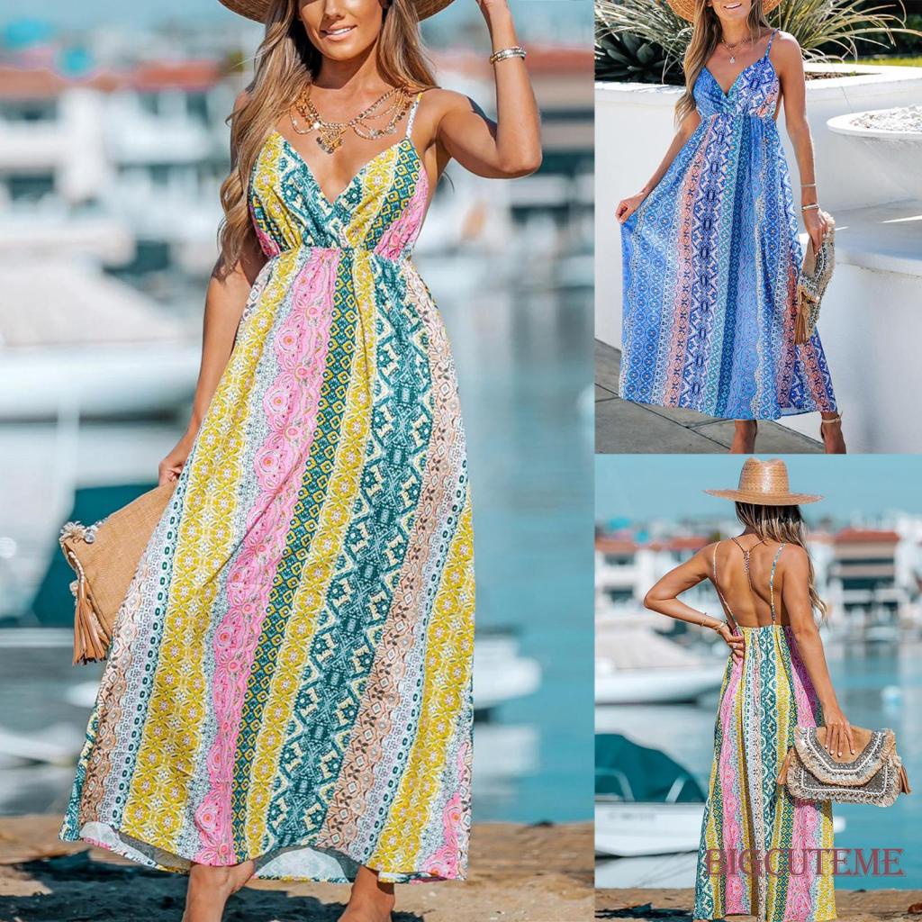 Đầm Dài Không Tay Cổ Chữ V In Họa Tiết Thời Trang Mùa Hè Cho Nữ