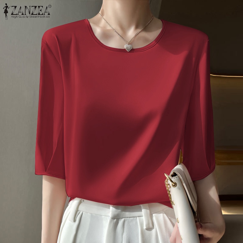 Áo Thun Nữ Tay Lửng Cổ Tròn Màu Trơn Phong Cách Hàn Quốc ZANZEA