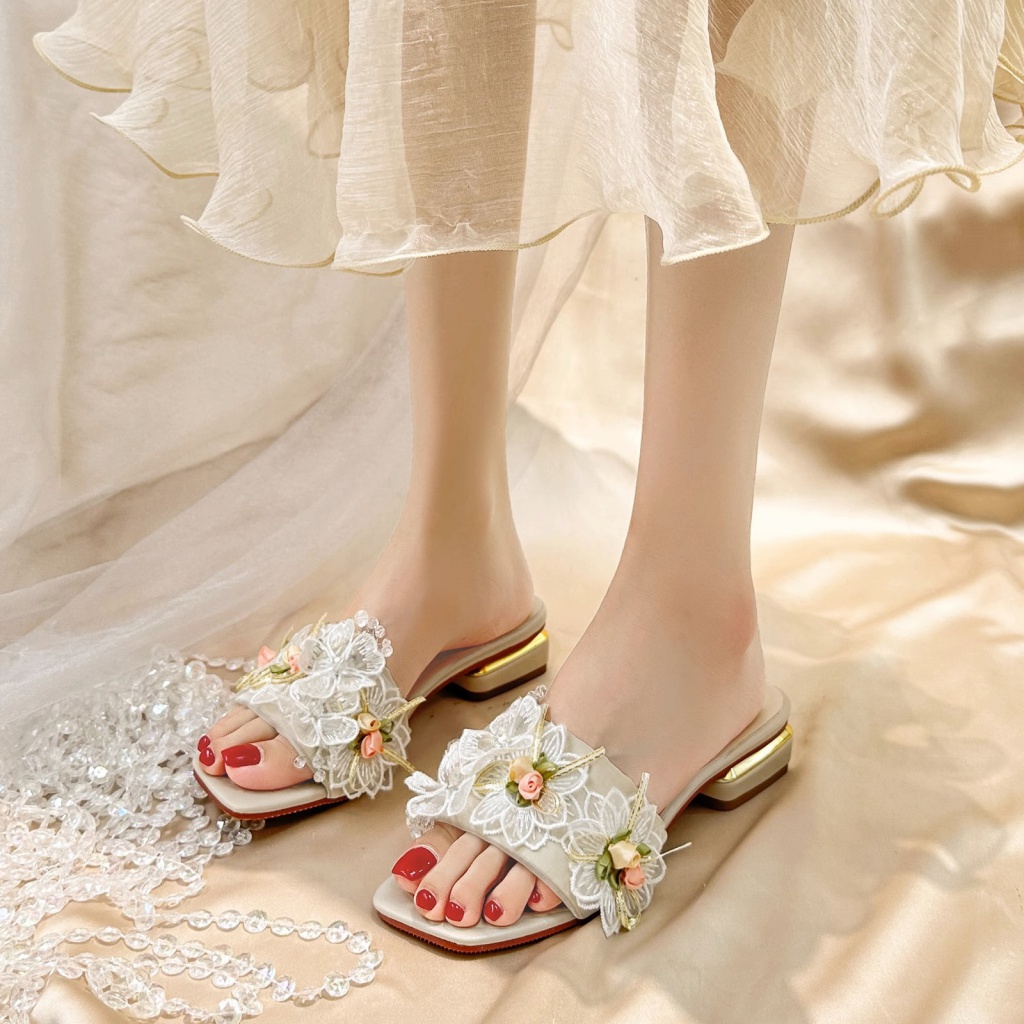 Duoya Tóc Thẳng ~ [Hàng Có Sẵn] [Hàng Có Sẵn] Sandal Đế Dày Bằng Da Thật Mềm Mại Đính Đá Thời Trang Mùa Hè Cho Nữ Miễn Phí Vậ