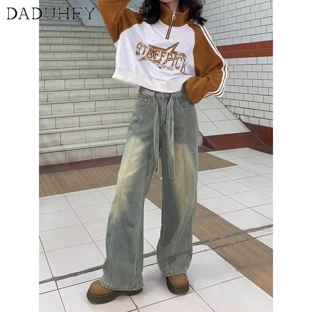 DaDuHey New American Ins Retro Washed Jeans Women's Niche High Waist Wide Leg Pants Large Size Trousers