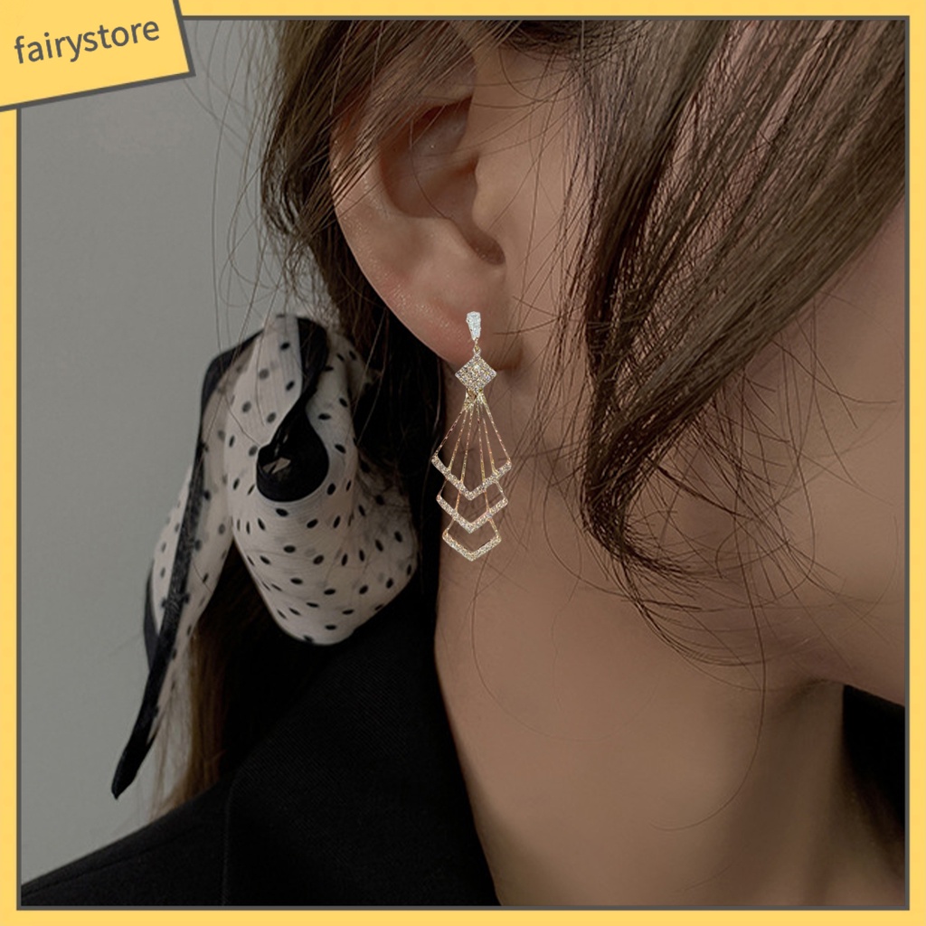 [FRO] Bông Tai Treo Ba Lớp Hình Thoi Đính Kim Cương Giả Lấp Lánh Dành Cho Nữ