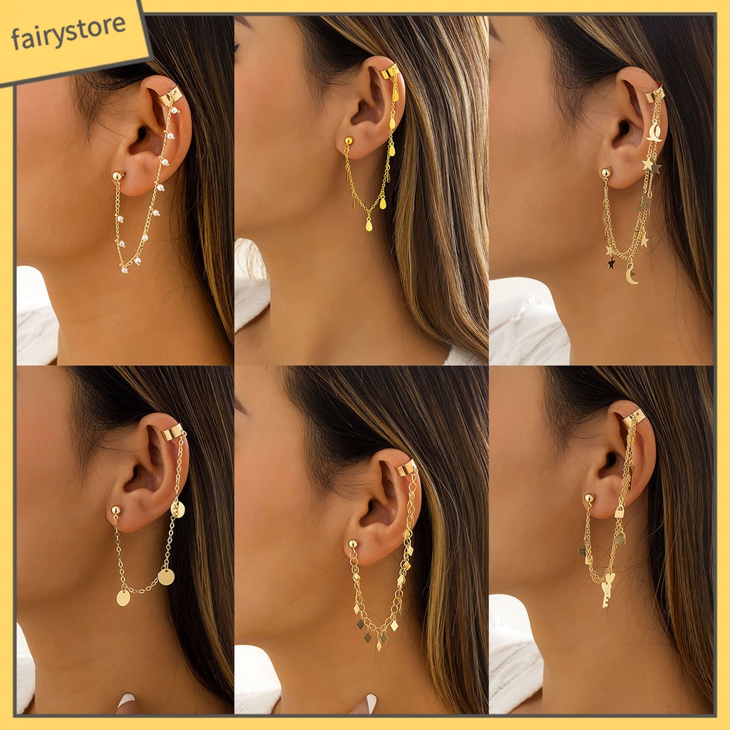 1 Khuyên Kẹp Vành Tai Hình Trăng Sao Phối Tua Rua Phong Cách Vintage Thanh Lịch Cho Đám Cưới