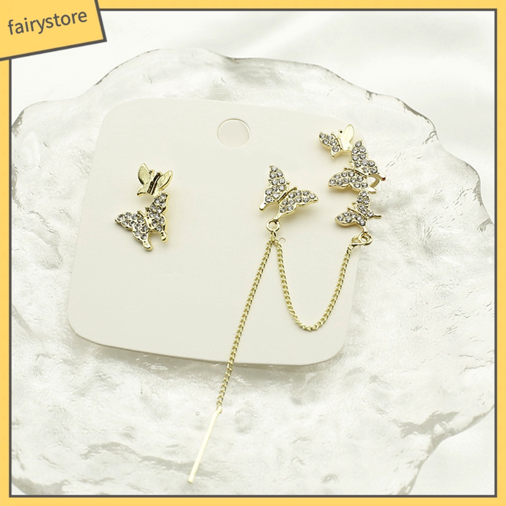 Bông Tai Dạng Kẹp Hình Bướm Không Đối Xứng Phối Tua Rua Thời Trang Cho Nữ