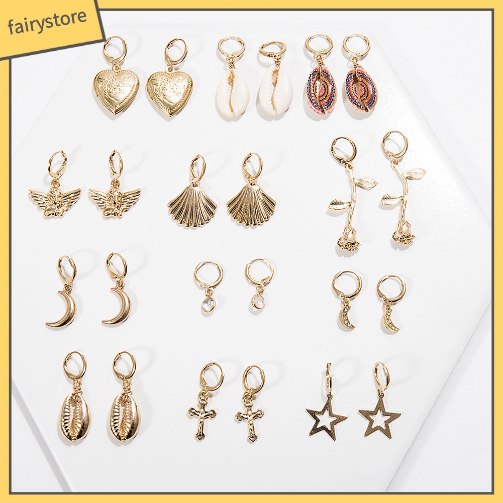 Bông Tai Dạng Vòng Hình Vỏ Sò / Hoa Hồng / Ngôi Sao / Mặt Trăng Dành Cho Nữ