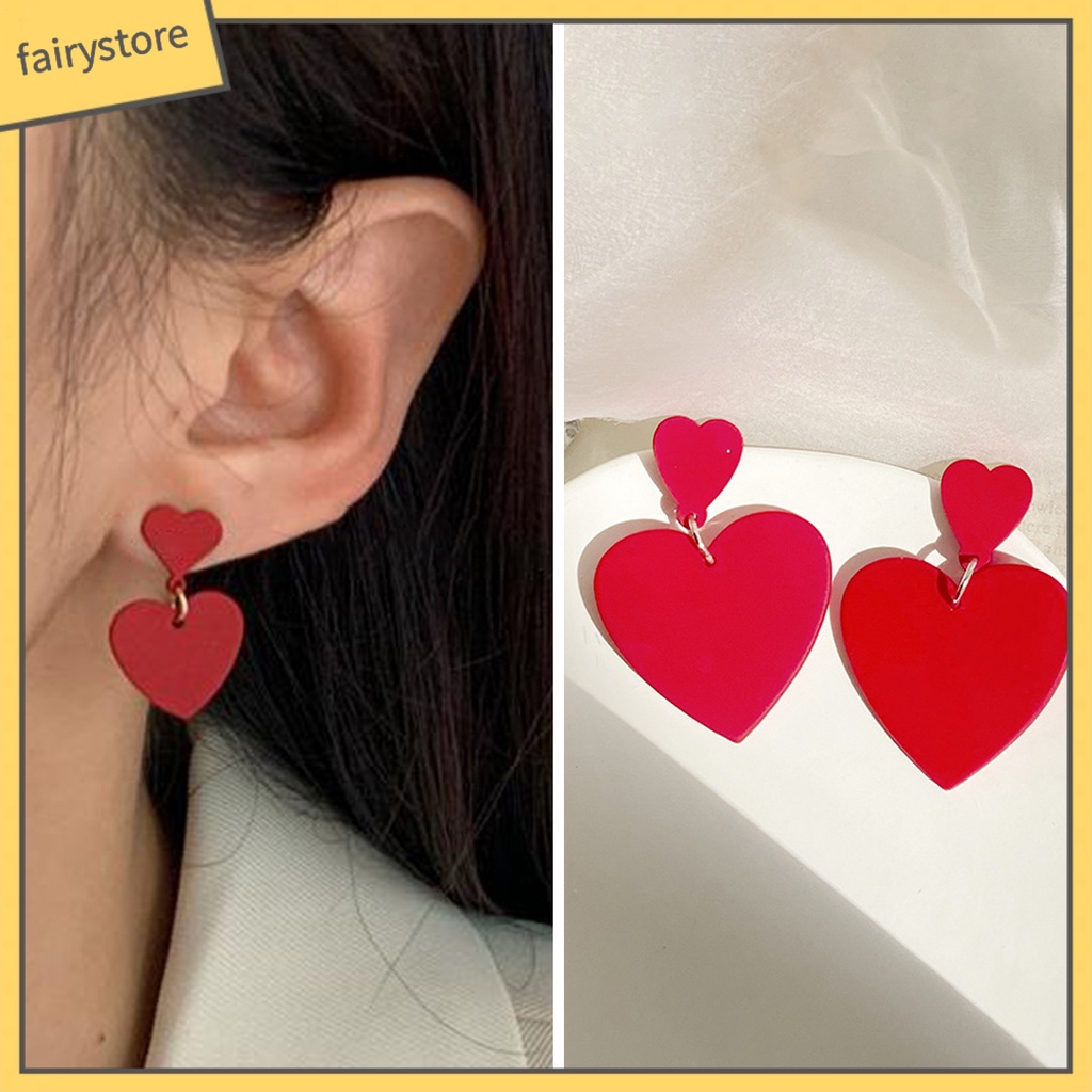 1 Đôi Bông Tai Hình Trái Tim Dáng Dài Hai Lớp Chống Mài Mòn Thời Trang Công Sở