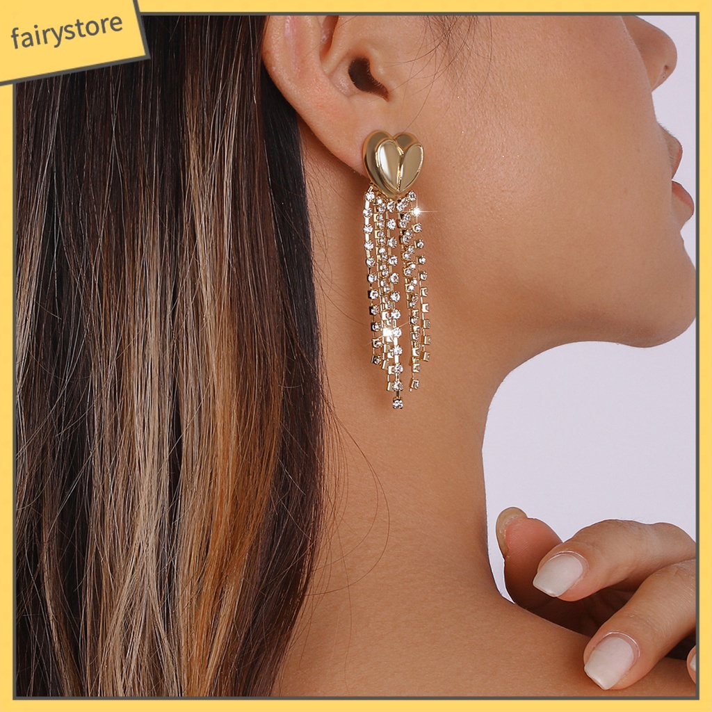 1 Đôi Bông Tai Dài Tua Rua Hình Trái Tim Đính Đá Kiểu Pháp