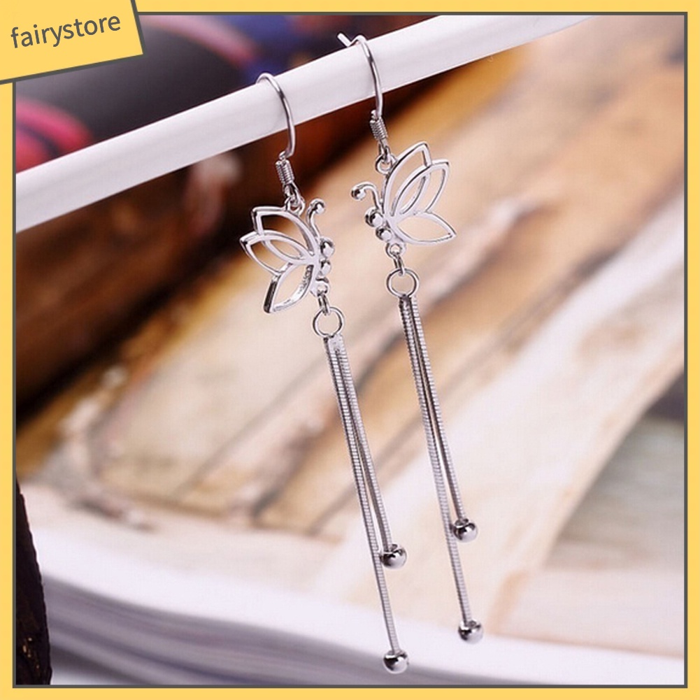 Bông Tai Dáng Dài Hình Bướm Rỗng Phối Tua Rua Thời Trang Dự Tiệc Cho Nữ