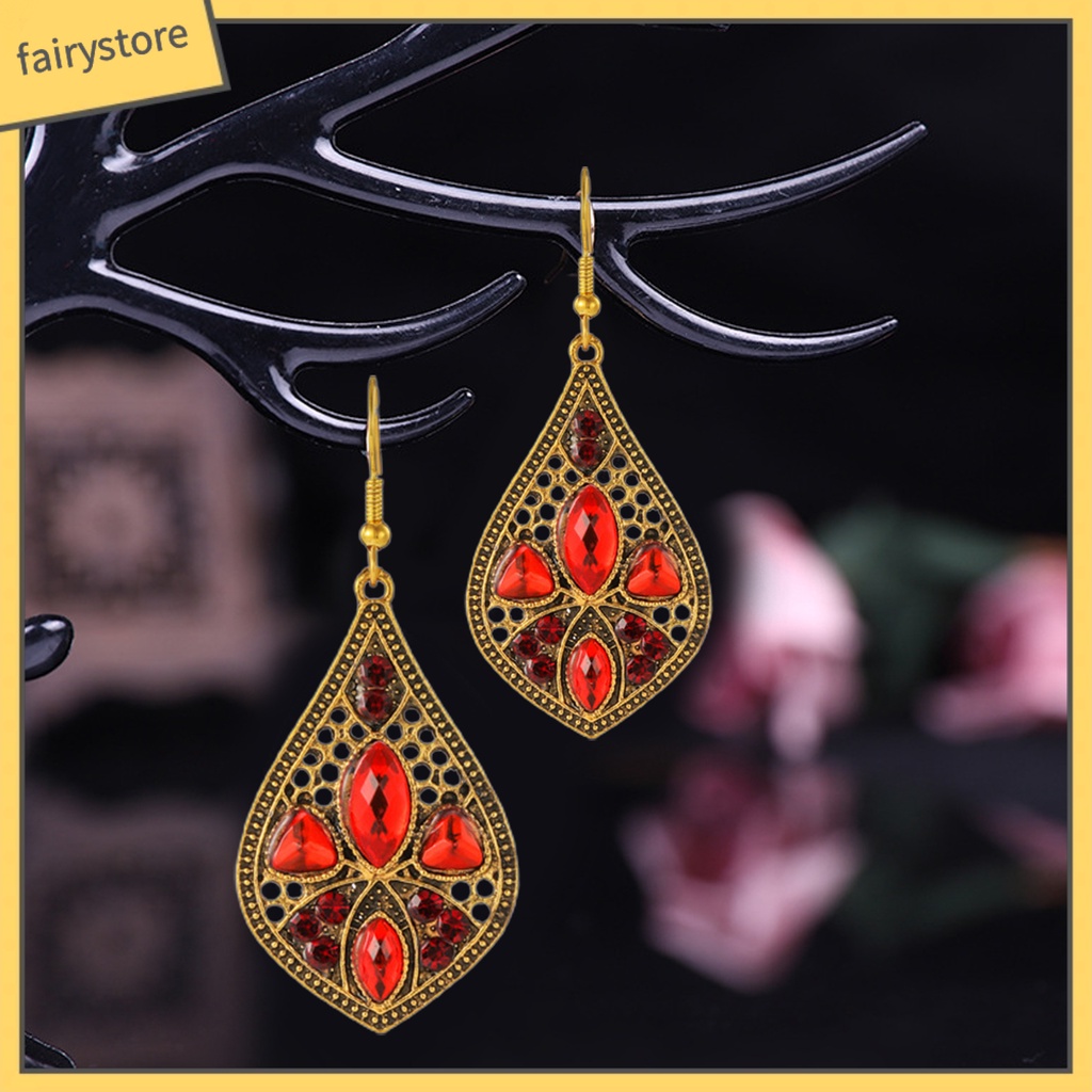 1 Đôi Bông Tai Hình Giọt Nước Đính Đá Phong Cách Retro Dành Cho Nữ