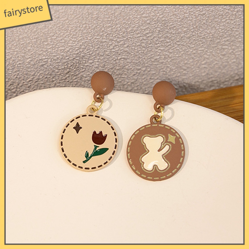 1 Đôi Bông Tai Hình Tròn Họa Tiết Hoa Hồng / Gấu Hoạt Hình Phong Cách Nhật Bản Thời Trang