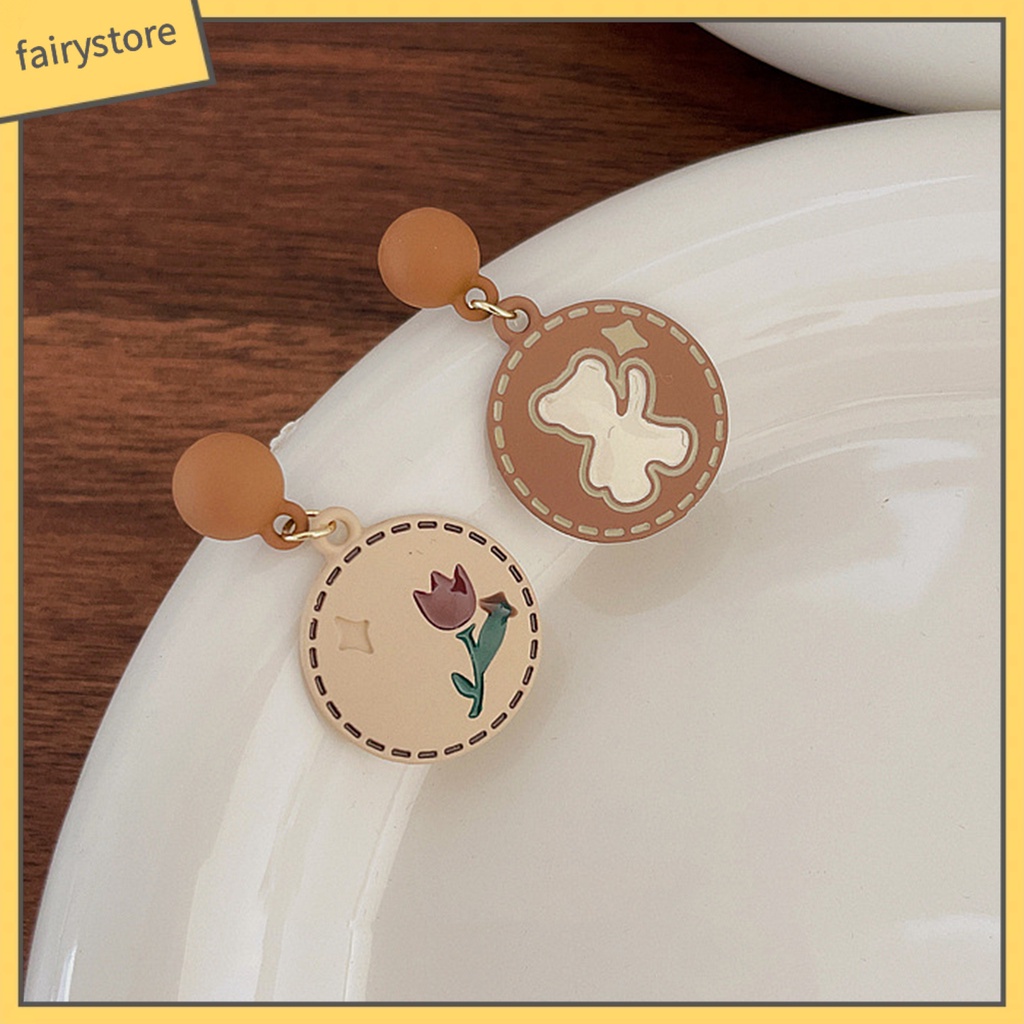 1 Đôi Bông Tai Hình Tròn Họa Tiết Hoa Hồng / Gấu Hoạt Hình Phong Cách Nhật Bản Thời Trang