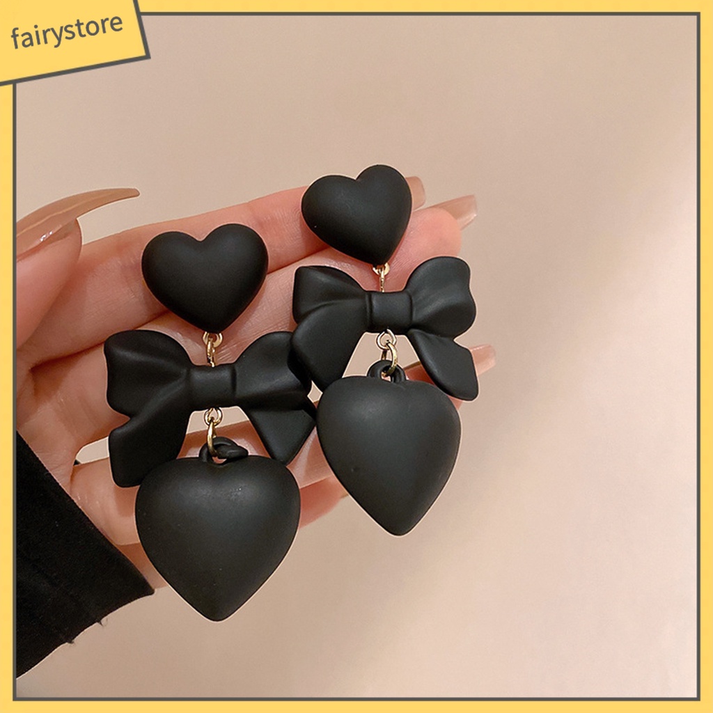 1 Đôi Bông Tai Hình Trái Tim / Nơ Màu Đen Phong Cách Gothic Thời Trang