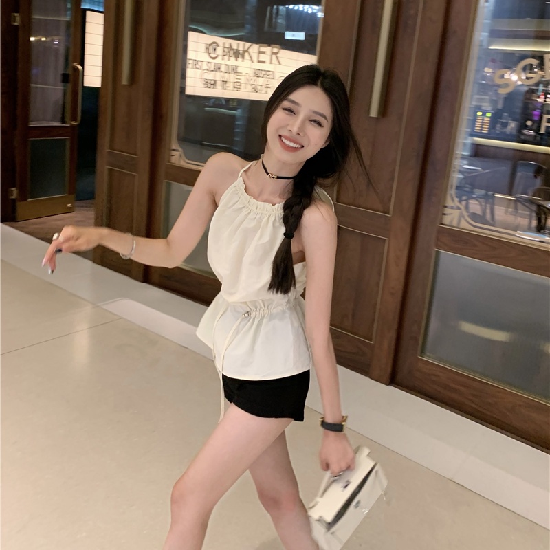 Áo Ngắn Hai Dây Không Tay Thiết Kế Dây Rút Phong Cách Mới Mùa Hè Quyến Rũ Cho Nữ