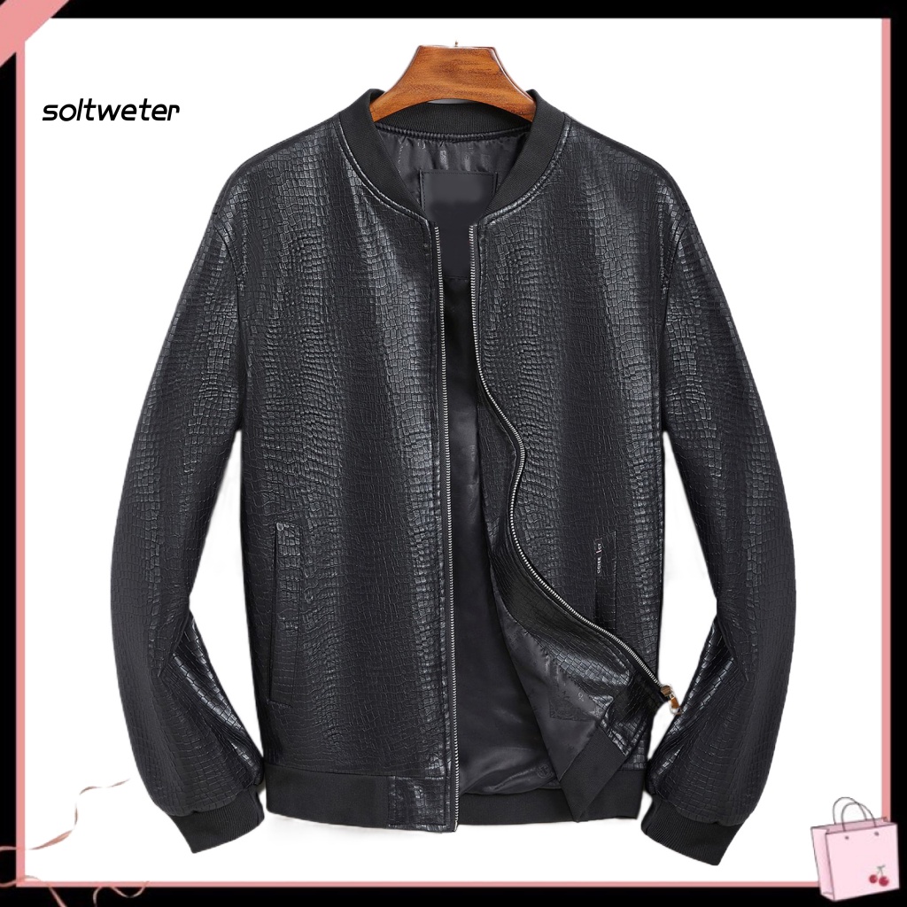 Áo Khoác Giả Da Tay Dài Cổ Đứng Màu Trơn Có Khóa Kéo Phong Cách Đường Phố Cho Nam