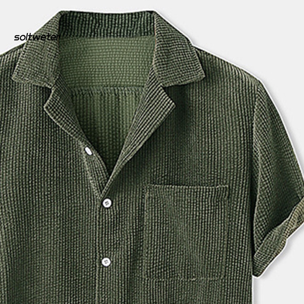 1 Bộ Đồ Thể Thao Áo Sơ Mi Tay Ngắn Màu Trơn Cài Một Hàng Khuy + Quần Short Vải Nhung Kẻ Dáng Rộng Thời Trang