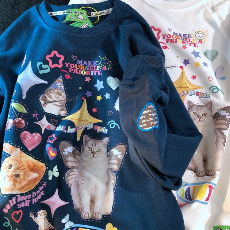 Áo sweater Tay Dài Cổ Tròn in Hình Mèo Dễ Thương Size 3XL Thời Trang Xuân Thu Cho Nam Và Nữ