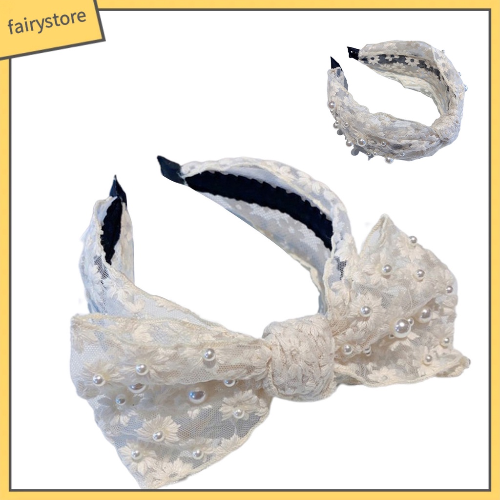 Băng Đô Cài Tóc Bản Rộng Thắt Nút Đính Ngọc Trai Giả Phối Ren Thắt Nơ Xinh Xắn Cho Bạn Gái