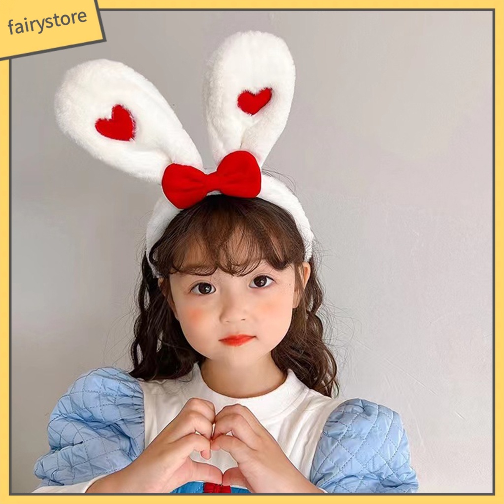 Băng Đô Cài Tóc Tai Thỏ Bằng Vải Bông Mềm Mại Co Giãn Đính Nơ In Họa Tiết Trái Tim Màu Tương Phản