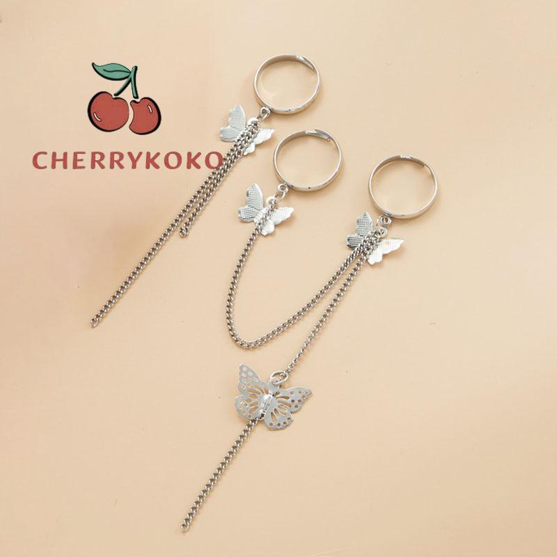🍒🍒CHERRYKOKO Đặt 2 Nhẫn hở hình bướm kết hợp dây xích có thể điều chỉnh phong cách cá tính cho nam và nữ