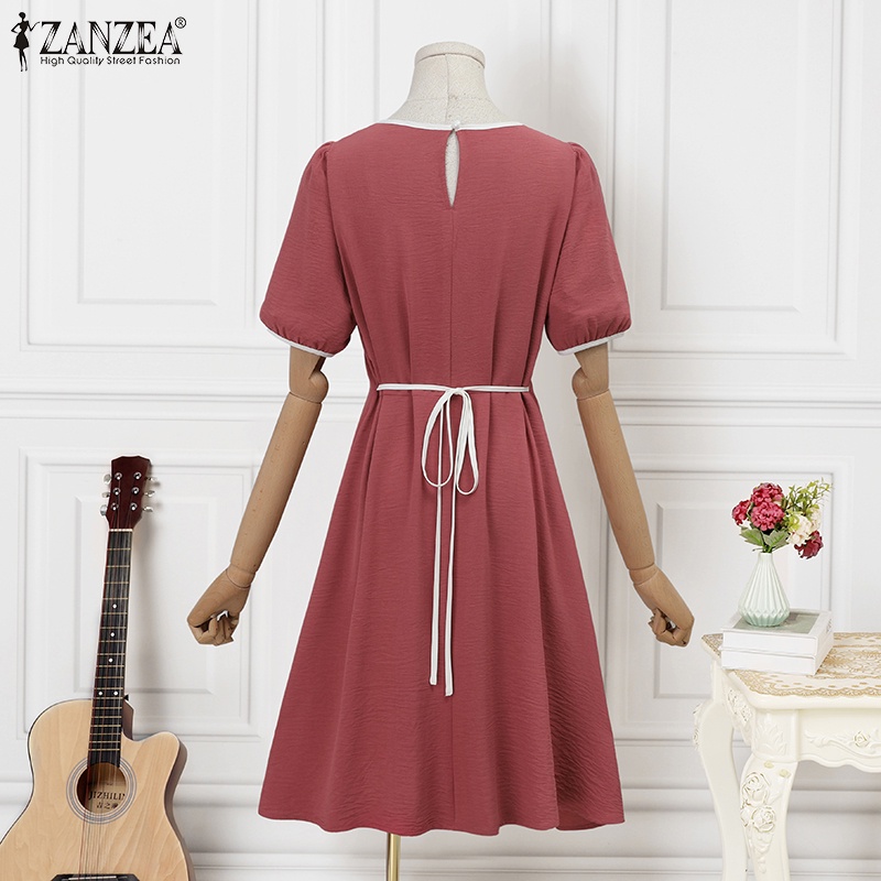 ZANZEA Đầm Ngắn Tay Cổ Tròn Thời Trang Nữ Hàn Quốc