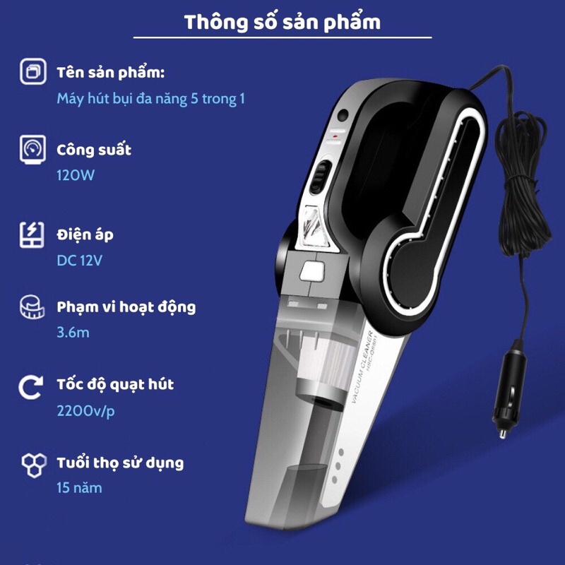 Máy Hút Bụi Oto Đa Năng, Sử Dụng Cho Gia Đình, Trên Xe Oto, Lực Hút Khỏe, Bơm Hơi Kiểm Tra Áp Suất Lốp, Bảo Hành 12T