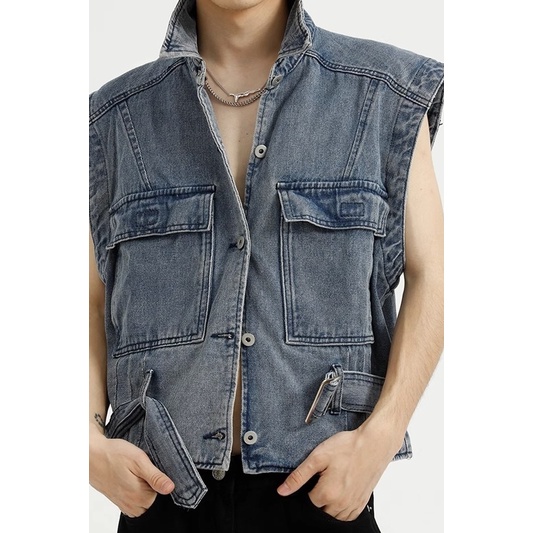 Áo Khoác Denim Không Tay Dáng Rộng Phong Cách Thời Trang Retro Mỹ