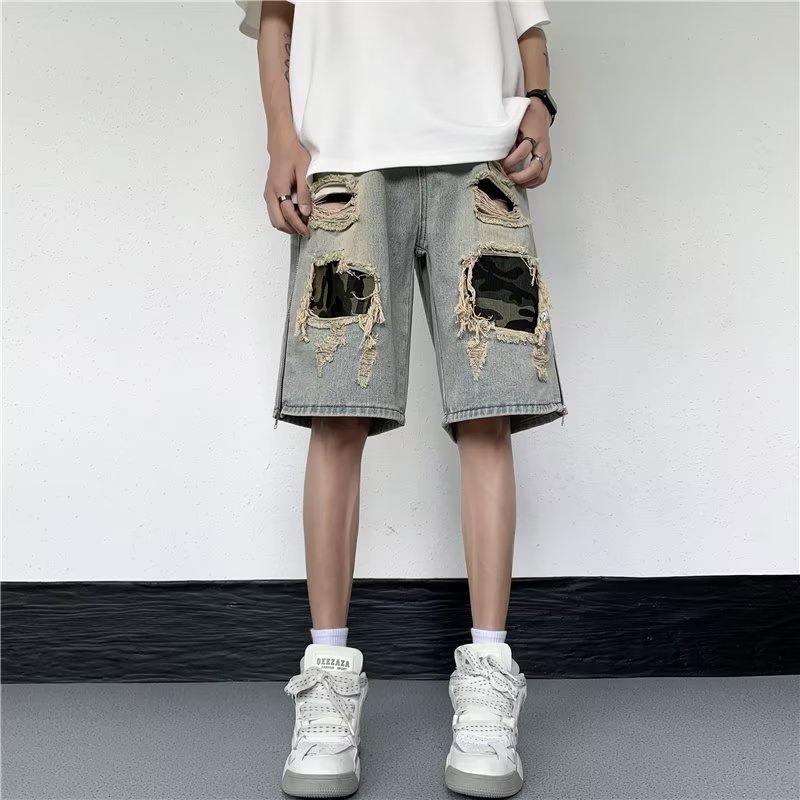 Quần Short Denim Họa Tiết Rằn Ri Phong Cách Đường Phố Mùa Hè Cho Nam