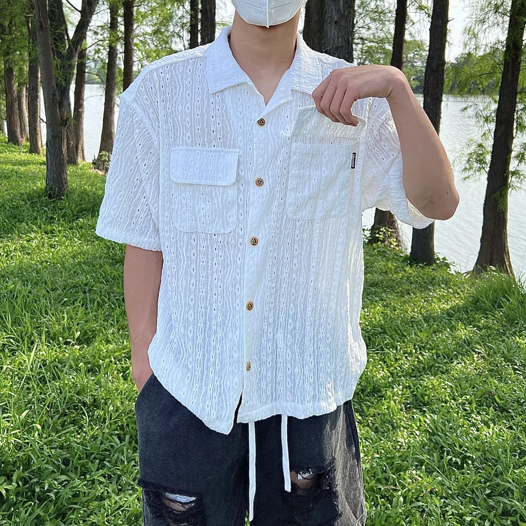 Áo Sơ Mi Ngắn Tay Màu Sắc Đơn Giản Phong Cách Harajuku Nhật Bản Cho Nam