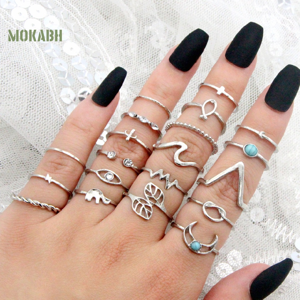 20 Nhẫn Đeo Khớp Ngón Tay Họa Tiết Hình Con Voi Và Lá Có Đính Đá Theo Phong Cách Bohemia Hợp Thời Trang