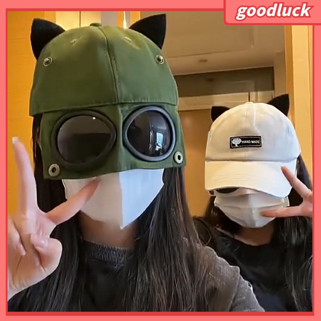 [GLO] Mũ Phi Công Cá Tính Với Kính Râm Trong Suốt Trang Trí Tai Mèo Có Thể Gập Lại Cho Unisex