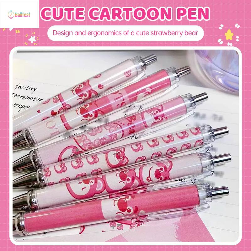 💜Bút Bi Mực Đen Ngòi 0.5mm Có Thể Thu Gọn Họa Tiết Gấu / Dâu Tây Hoạt Hình Dễ Thương