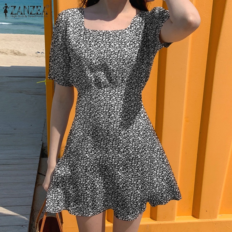 ZANZEA Đầm Tay Ngắn Phồng Cổ Vuông In Họa Tiết Hoa Phong Cách Hàn Quốc Thời Trang Cho Nữ