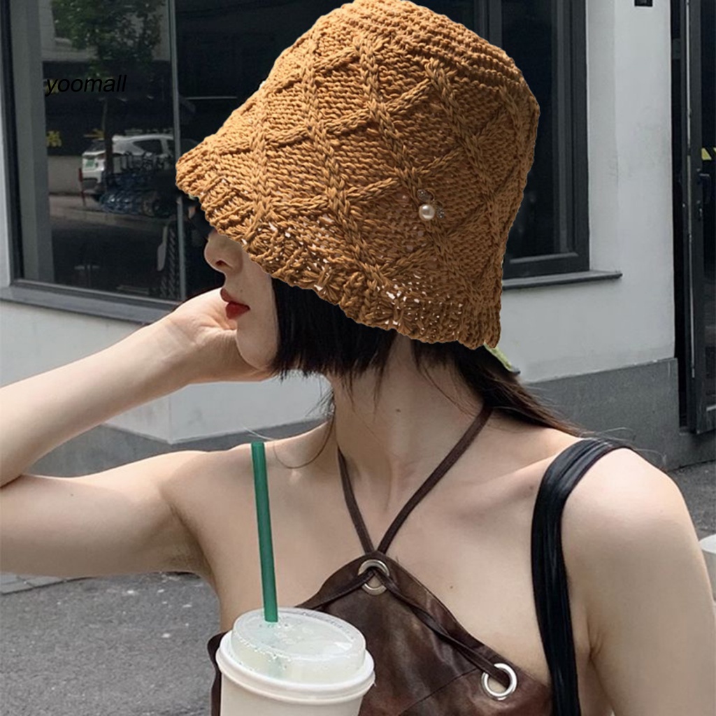 Mũ Bucket Màu Trơn Đính Ngọc Trai Giả Vành Ngắn Thời Trang Mùa Hè Cho Nữ