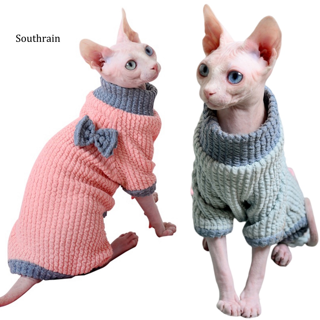 Bộ Áo Liền Quần Mềm Mại Co Giãn Đính Nơ 4 Màu Tương Phản Ấm Áp Thoải Mái Cho Mèo Cưng