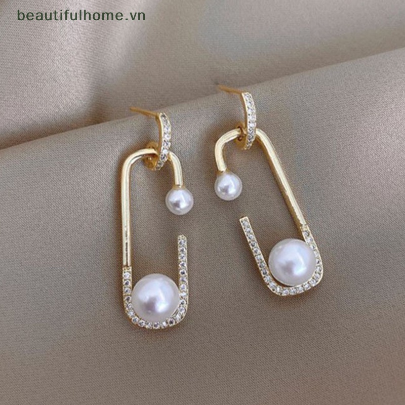 Bông Tai Ngọc Trai Dạng Dài Hình Ghim Bất Đối Xứng Thời Trang Hàn Quốc Cho Nữ