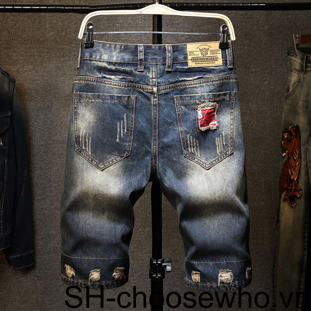 Quần Short Denim Cotton Dáng Rộng Phối Khóa Kéo Rách Thời Trang Mùa Hè Cho Nam