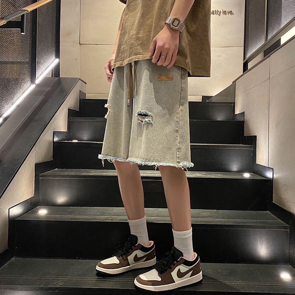 Quần Short Denim Rách Màu Sắc Bùn Vàng Phong Cách Đường Phố Mỹ Thời Trang Mùa Hè Cho Nam
