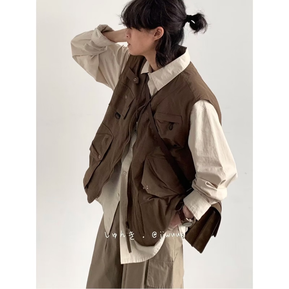 Áo Khoác Sát Nách Phối Nhiều Túi Phong Cách Retro Mỹ Cho Nam