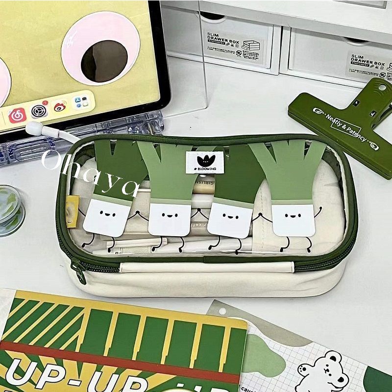 Túi Đựng Bút Bằng Vải Bạt Hai Lớp Sức Chứa Lớn Có Khóa Kéo In Họa Tiết Cỏ Dễ Thương
