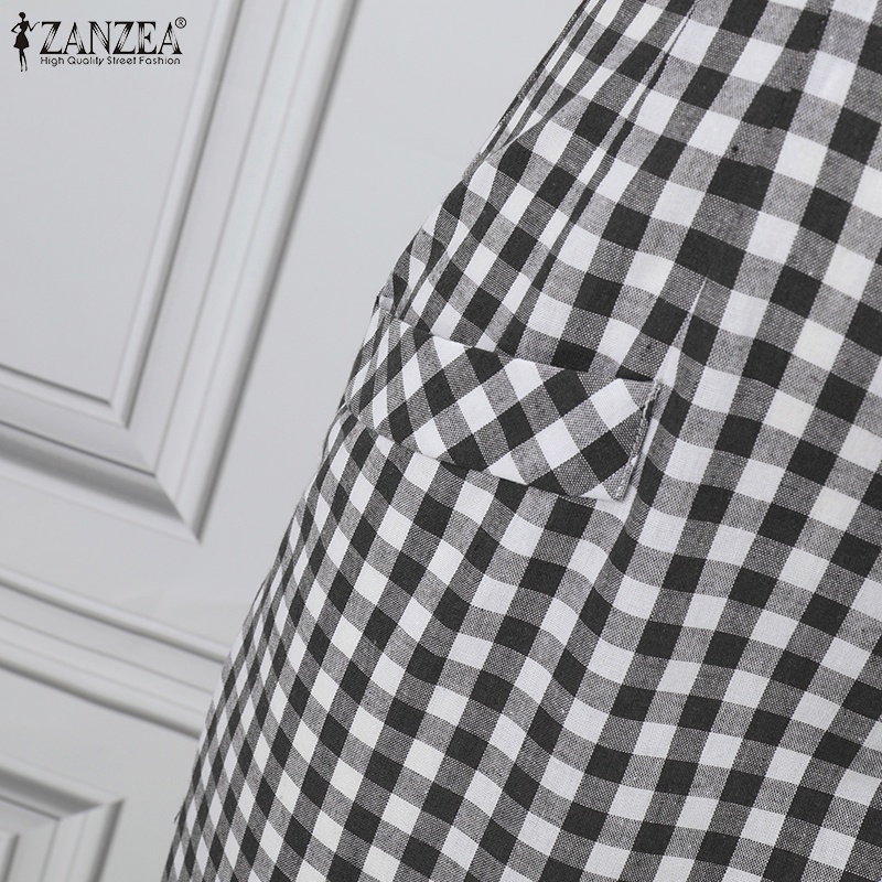 ZANZEA Đầm ôm Tay Ngắn Cổ Tròn Họa Tiết Caro Thời Trang