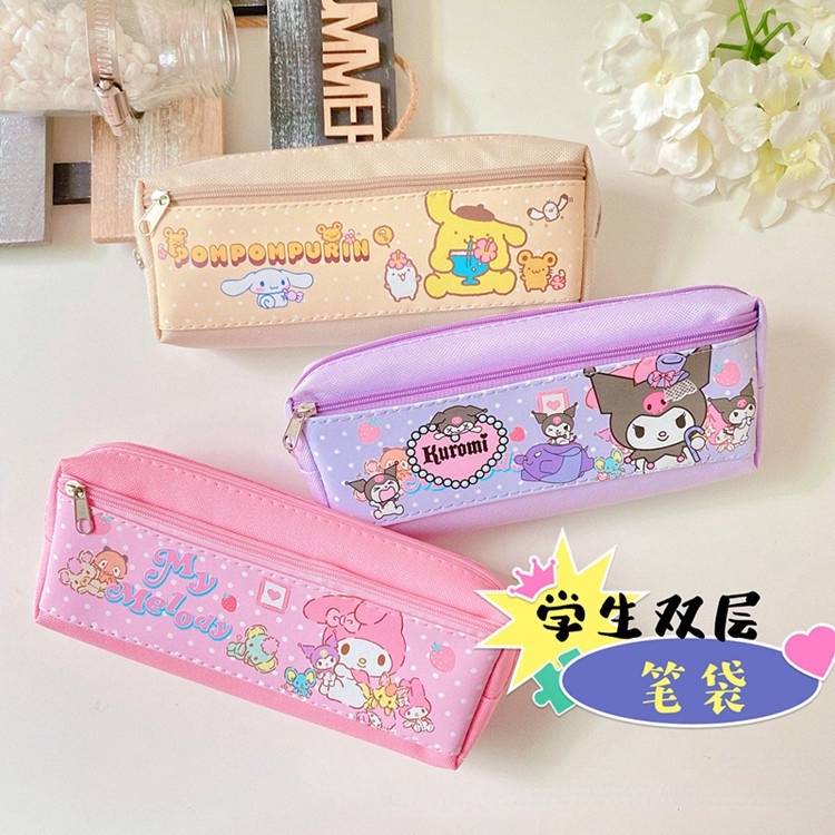 Túi Đựng Bút Chì Hai Ngăn Sức Chứa Lớn Họa Tiết Hoạt Hình Sanrio Có Khóa Kéo Cho Bé