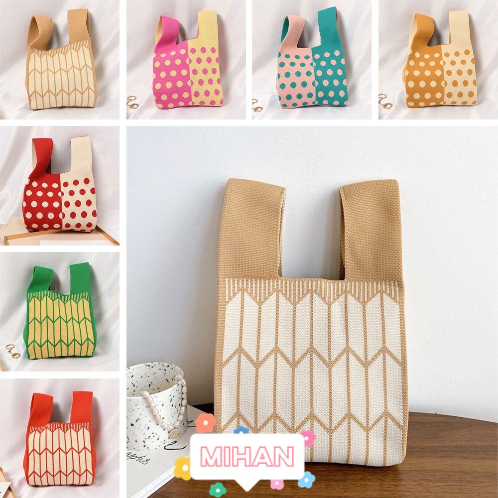 MIHAN1 Túi Mua Sắm Đeo Cổ Tay Họa Tiết Kẻ Sọc Màu Sắc Có Thể Tái Sử Dụng
