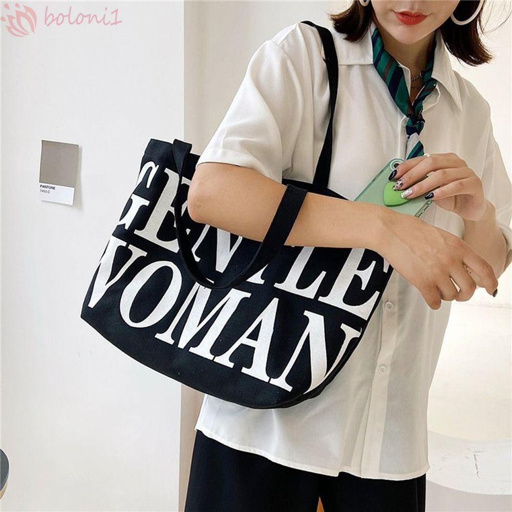 Túi Xách Đeo Vai Vải Canvas In Chữ Đựng Mỹ Phẩm / Sách Vở Kích Thước Lớn Tiện Dụng Cho Nữ