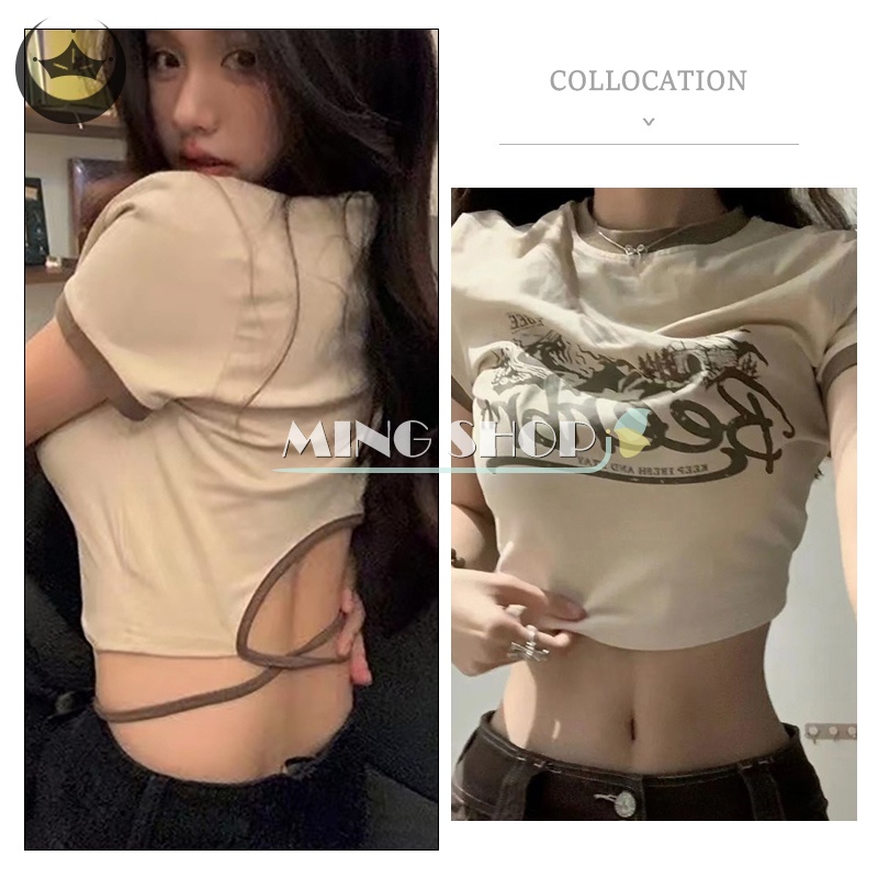 Áo Thun Croptop Tay Ngắn Cổ Tròn In Họa Tiết Retro Mỹ Xinh Xắn Cho Nữ