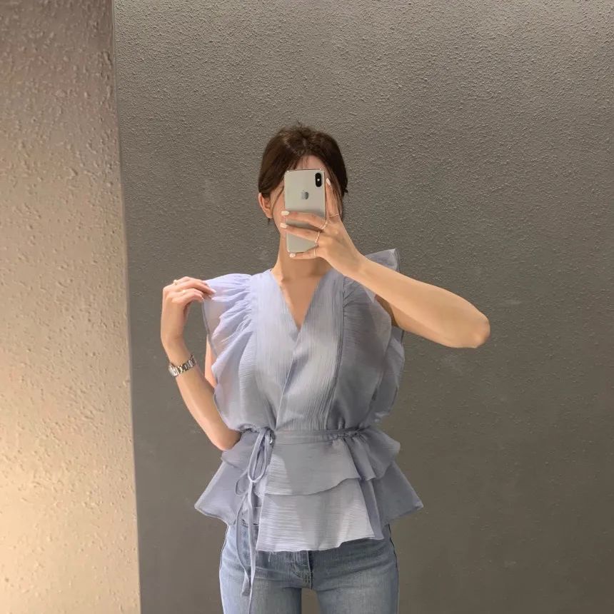 Áo Sơ Mi Cổ Chữ V Không Tay Phối Bèo Thời Trang Mùa Hè Hàn Quốc 2023 Dành Cho Nữ