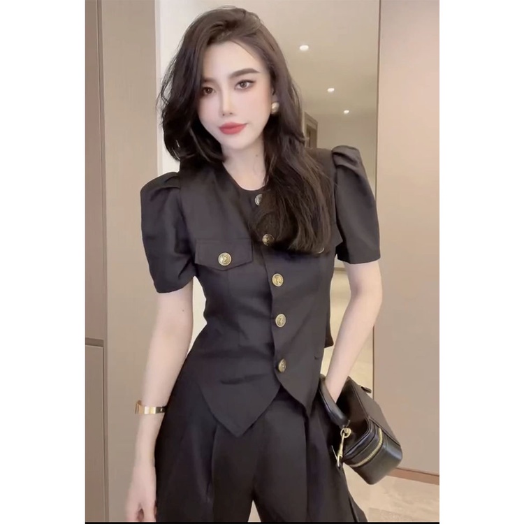 Áo Tay Ngắn Phồng Ôm Dáng Phối Nút Kim Loại + Quần Ống Rộng Thời Trang Mùa Hè 2023 Cho Nữ