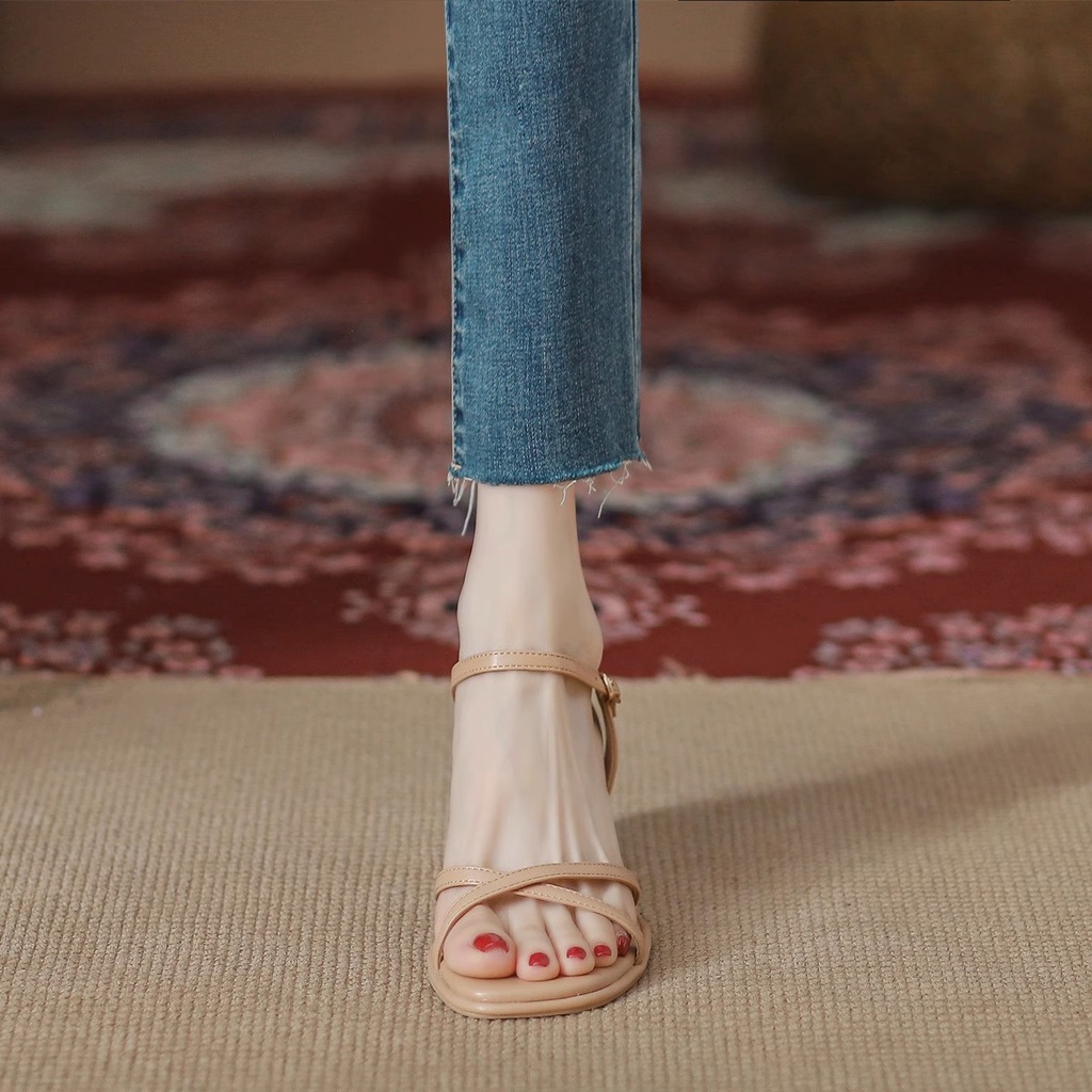 Duoya Tóc Thẳng ~ [Hàng Có Sẵn] Giày Cao Gót Da Mềm Dây Đan Chéo Màu Mơ Đơn Giản Cho Nữ Miễn Phí Vận Chuyển