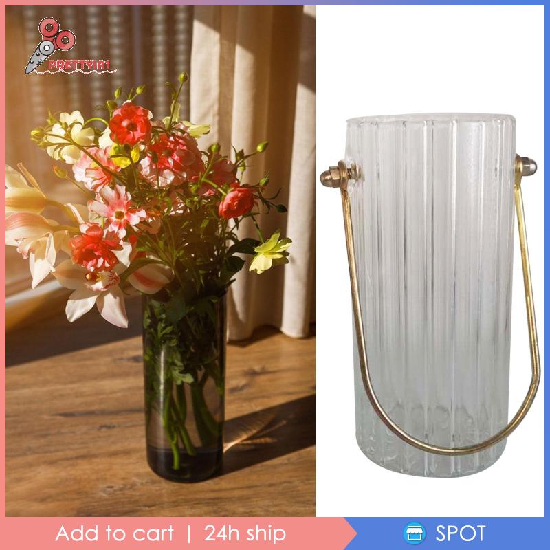 [Prettyia1] Bình Hoa Thủy Tinh Trong Suốt Hình Trụ Với Tay Cầm Kim Loại Kẻ Sọc Tròn