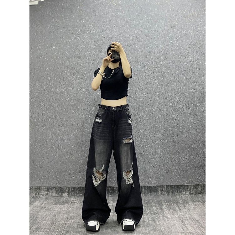 Quần Jean Rách Lưng Cao Ống Rộng Phong Cách Đường Phố Mỹ Thời Trang Mùa Hè Cho Nữ