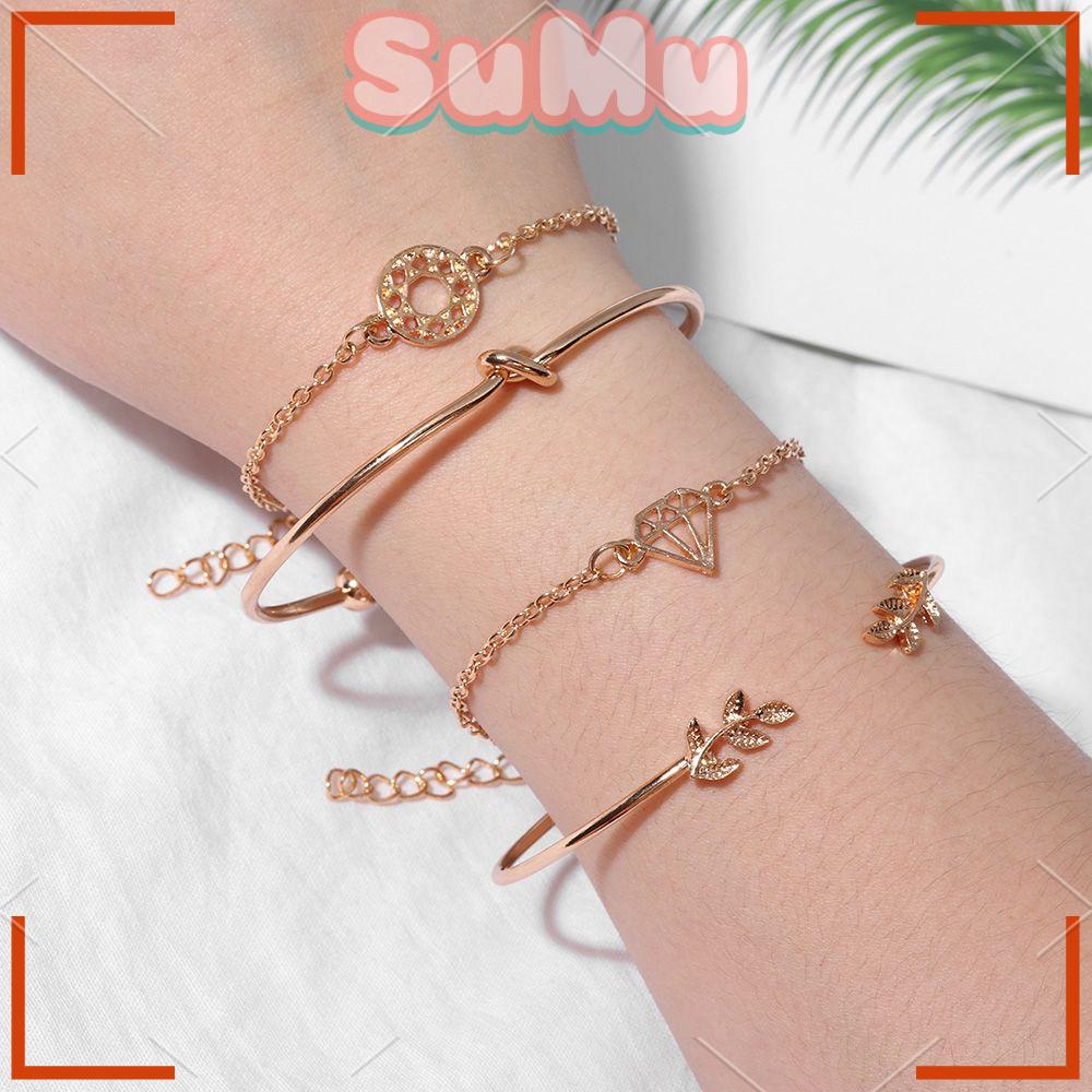 SUMU Set 4 Vòng Tay Hợp Kim Dạng Hở Phối Nút Thắt Hình Chiếc Lá Thời Trang